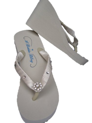 High ivory wedge bridal flip flop sandals with crystal medallion …