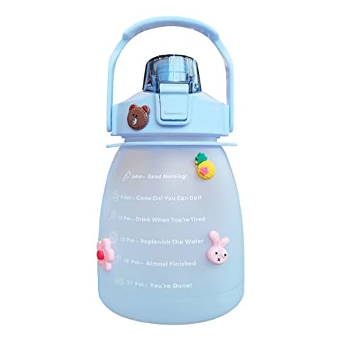 1.3L Large Capacity Water Bottle With Straw Kawaii Bottle With 3D Kawaii Sticker And Time Marker Portable Round Drinking Bottle Cute Water Bottle For School Outdoor Sports (Blue,1.3) Cover