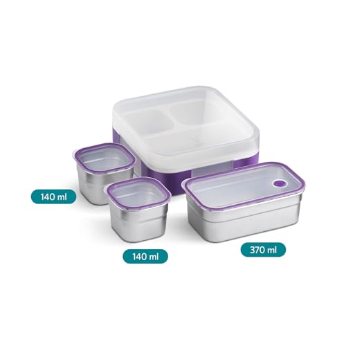 Image of VAYA Tydbyt Stainless Steel Lunch Box for Kids Girls & Boys, 650 ml, 3 Stainless Steel Containers, School Tiffin Box, BPA-Free, Durable & Easy to Carry, Purple