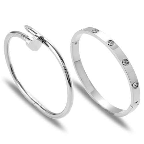 Gold Clover Bracelets for Women - Stackable Stainless Steel Nail Bracelet, Friendship & Love Bangle - Trendy Jewelry Set, Ideal Birthday Gift