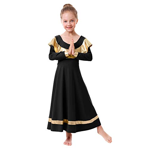 Teen Girls Praise Robe Dance Cross Dress Long Bell Sleeve Liturgical Loose Fit Full Length Swing Worship Gown Skirt Black-Glod 9-10 Years