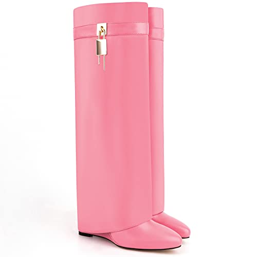 Image of Fold Over Boots for Women Pointy Pull-on Wedge Heel Knee Shark Boot With Side Zipper Padlock Design