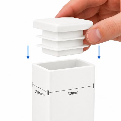 Image of (Pack of 40) Rectangular Plastic Plugs 25 /32 inch x 1-3 /16 inch (20 x 30 mm), Matt Tube Inserts, Fence Post Caps, Pure White RAL 9010