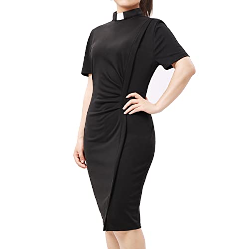 BLESSUME Black Church Female Clergy Priest Tab Collar Dress Short Sleeve Mass Liturgical Pencil Dress