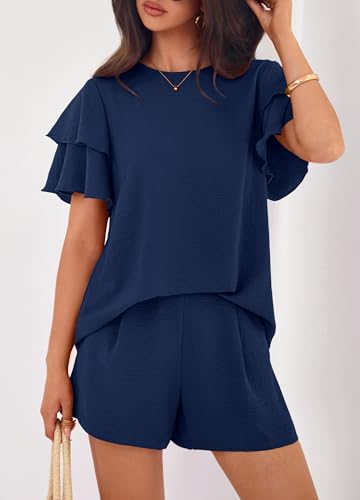 KIRUNDO 2 Piece Sets For Women Summer Ruffle Short Sleeve Top Elastic Waist Pants Matching Lounge Set Vacation Travel Outfits(Navy, XX-Large) — view 6