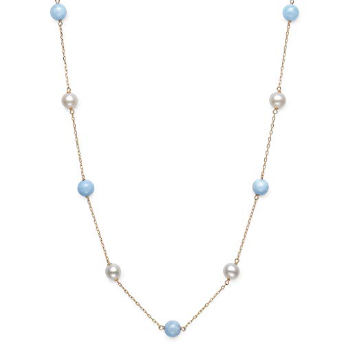 Belacqua Natural Milky Blue Aquamarine and Cultured Freshwater Pearl Station Necklace in 10K Yellow Gold, 18