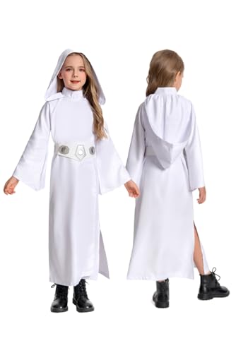 Rodwake Children's Princess Cosplay Costume Girls White Tunic Hooded Robe Halloween Kids Outfit