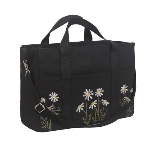 Canvas Tote Bag for Women, Daisy Embroideried Multi-Pockets Beach Grocery Bag for Work Travel Gym