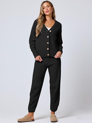 ANRABESS Women 2 Piece Lounge Sets 2025 Fall Outfits Casual Waffle Knit Cardigan Sweater Pant Set Travel Airport Clothes3
