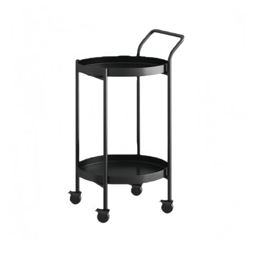 KUBERASキッチンカート収納車車輪ハンドルつき移動式テーブル丸トレイソファサイドテーブル寝室サイドテーブルシンプルな棚 (二重の黒)