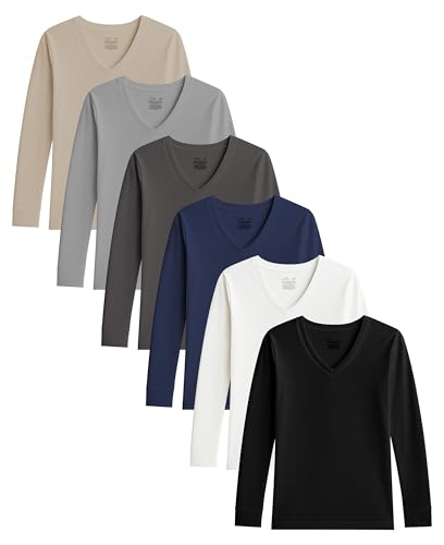Consejos para Comprar Camisetas térmicas para Mujer favoritos de las personas. 46 playera de manga larga con cuello en V para mujer, ultra suave y peso medio, para todas las estaciones, varios paquetes, Paquete de 6 unidades, negro, carbón, caqui, azul marino,...