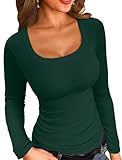 VICHYIE Womens Long Sleeve Shirt Ribbed Knit Scoop Neck Slim Fitted Casual Fall Tops Basic Tunic Dark Green XL