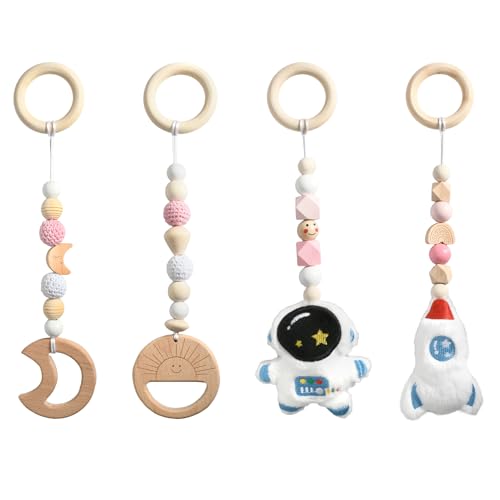 Rieoany 4 Stück Spielbogen Baby Spielzeug, Holzspielzeug Baby, Babyschale Spielzeug, Holz Spielbogen Anhänger, Anhänger Kinder Gym für Mädchen Jungen