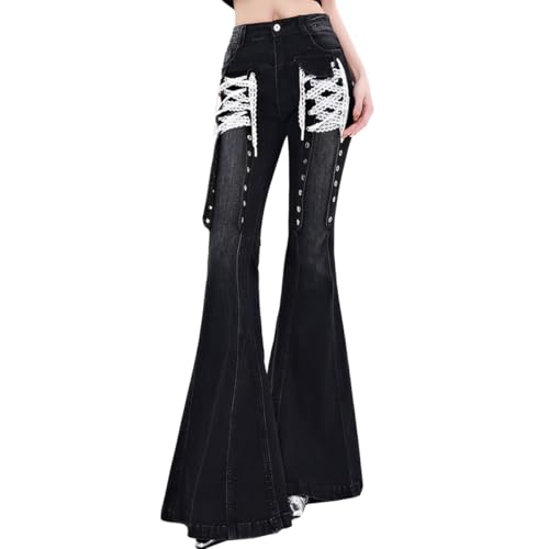 Y2K Harajuku High Waisted Denim Pants for Women Fashion Vintage Lace Drawstring Gradual Bell Bottom Jeans