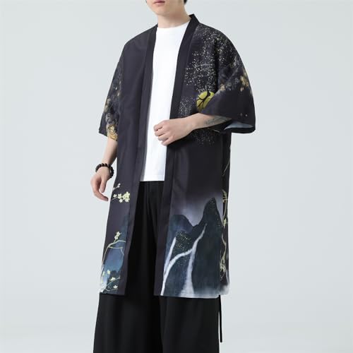 Seidarise Men’s Demon Slayer Haori, Long Kimono Cardigan Jacket Japanese Style Flying Crane Seven Sleeves Open Front Coat