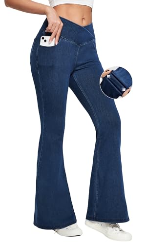 Ewedoos Flare Bell Bottom Jeans for Women Jeggings Tummy Control High Waisted Stretchy Crossover Pull On Jeans
