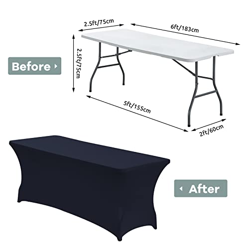 Image of CWK 6FT Waterproof Stretch Spandex Table Cover for Rectangular Tables - Elastic Fitted Tablecloth for Folding Tables,Wrinkle Resistant Table Cloth for Parties, Weddings, Banquets & Events (Navy Blue)