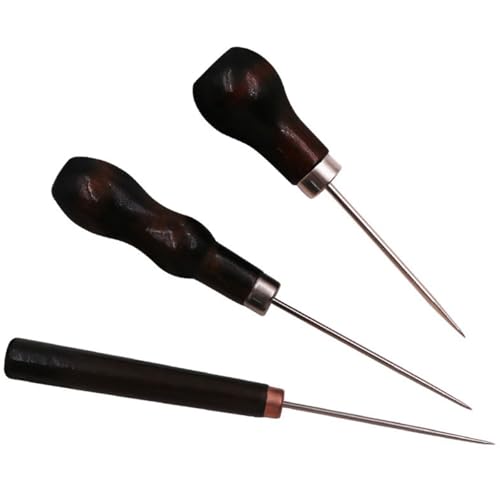 TSUOUKL 3x Alêne Professionnelle en Bois - Outils de Couture Cuir avec Pointe Acier, Aiguille à Main pour Maroquinerie et Réparations