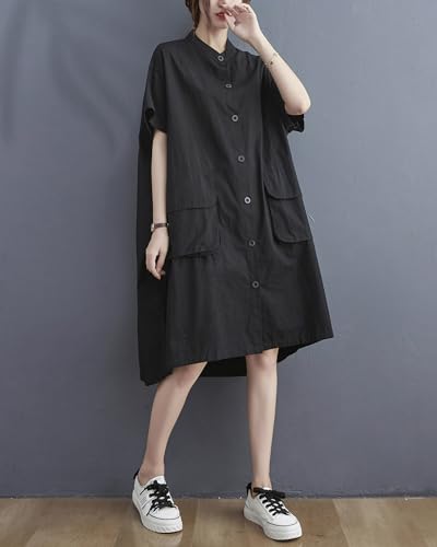 ellazhu Women's Dress Short Sleeve Button Down V-Neck Shirt Flowy Hem Pockets Spring Summer GA27442