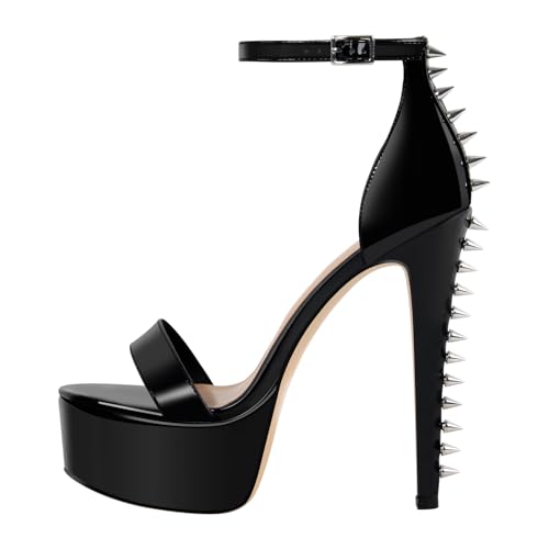 VERISSON Women's Studded Rivets Platform Heels Stiletto High Heel Ankle Strap Heeled Sandals for Women Party Dress Prom Shoes Black Size 9.5