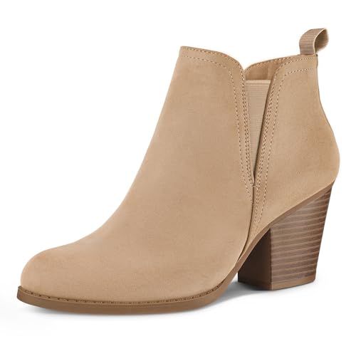 mysoft Women's Ankle Boots V Cut Side Elastic Panel Stacked Chunky Heel Booties with Side Zipper