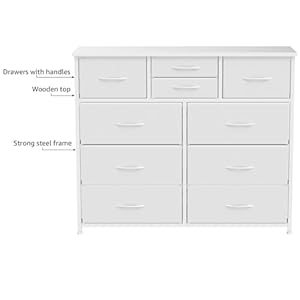 LUMTOK 10-Drawer Dresser, Fabric Storage Dressers Drawers for Bedroom, Hallway, Nursery, Closets, Steel Frame, Wood Top, Easy Pull Handle (White) LUMTOK 10 Drawer Dresser Fabric Storage Dressers Drawers for Bedroom Hallway Nursery Closets Steel Frame Wood Top Easy Pull Handle White