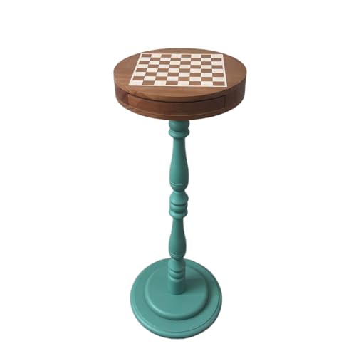 International Chess Small Side Table with Drawer Round Solid Wood Retro Style Side Table Suitable for Living Room Bedroom Corner Game Small Table.Coffee Table. (Green)