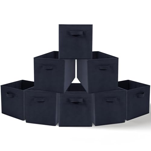 Amazing Tour 8 PCS Cube Storage Boxes 33x38x33 Foldable Fabric with Handles Collapsible for Home Office Nursery Organiser - Clothes Basket Containers, Navy Blue