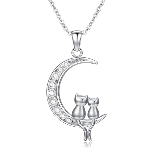 ONEFINITY Katze Halskette Sterling Silber Katze Mit Mädchen Halskette Moont Schmuck Katze Geschenk Für Frauen Und Katzenliebhaber