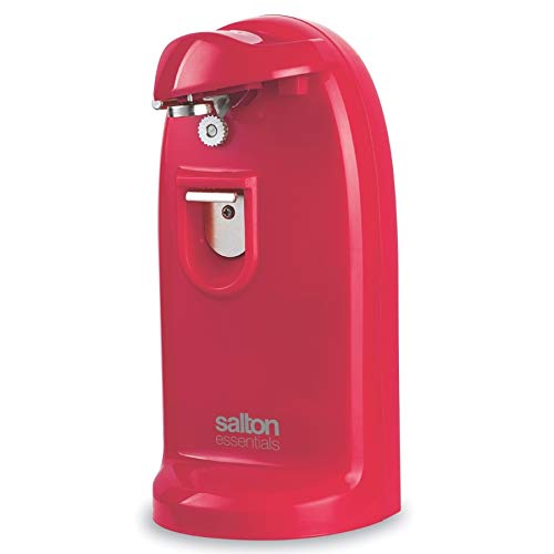 Salton Essentials Electric Can Opener ECO1819R with a can inserted, showing its red exterior.