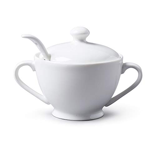 WM Bartleet & Sons 1750 Traditional Porcelain Sugar Bowl with Lid & Spoon – White