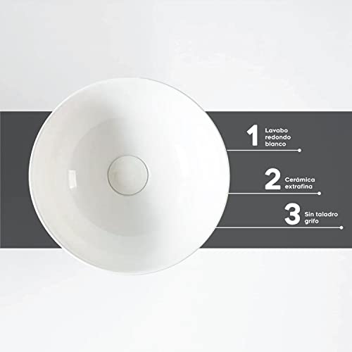 Starbath-Plus-Lavabo-de-Ceramica-con-Forma-Redonda-Color-Blanco-Sin-Taladro-Grifo-Medidas-32-x-32-x-15-cm-Ideal-para-Poner-sobre-Encimera-de-Muebles-de-Banos-y-Aseos