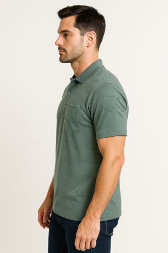 Image of WILD ELEPHANT Men Cotton Striped Polo Neck Half Sleeve T-Shirt with Pocket