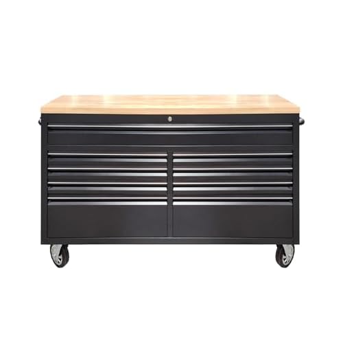 61-Inch Heavy-Duty Rolling Tool Chest with 9 Drawers, Mobile Steel Workbench & Cabinet for Garage, Workshop, Rubber Wood Top, Lock & Liners, Black 72
