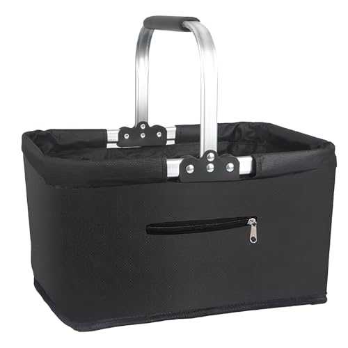 Faltbarer Einkaufskorb 25L, Klappkorb mit Gepolsterten Griffen und Reißverschlusstasche, praktischer Einkaufstasche für Reisen, Picknick, Einkaufen und Geschenke（Schwarz）
