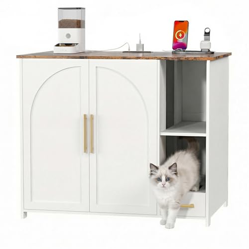 Skybright Hidden Cat Litter Box Enclosure Furniture Large Dog-Proof Litter Box Cabinet with Power Strip Compatible with Large Self-Cleaning Litter Boxes