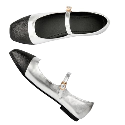 Mary Jane Flats Shoes Women Ankle Strap Ballet Flats Shoes Gold Ballerina Flats Dress Shoes Casual Walking Shoes Two Tone