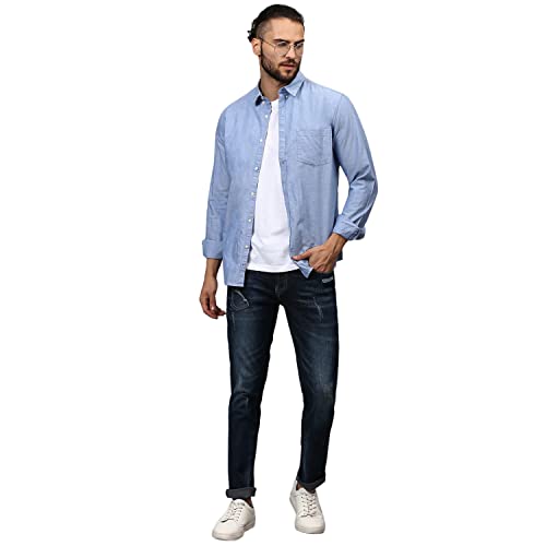 Image of CAHOOT Men's Navy Blue Tapered Dark- Wash Denim Jeans | Stretchable Cotton Mid-Rise Denim Jeans Crafted with Comfort Fit and High Performance for Everyday Wear