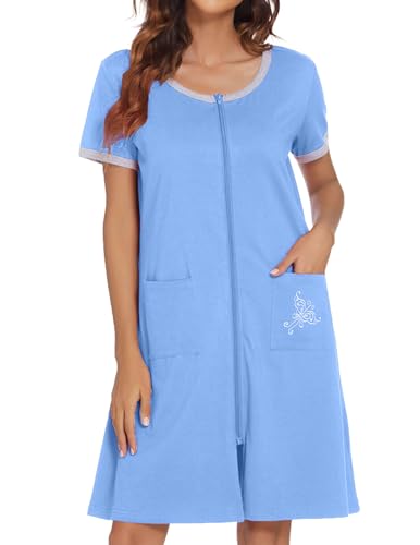 Image of Ekouaer Women Zipper Front House Coat Short Sleeves Robe Zip Up Bathrobes Short Nightgown with Pockets S-3XL