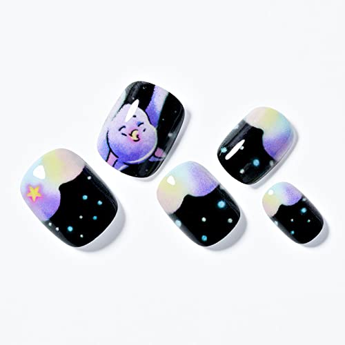 Press on Nails Short Squoval Glamermaid, Black White Cartoon Acrylic Fake Nails with Design Square Glue on Nails Reusabl