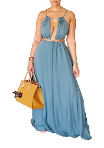 Image of Famnbro Womens Sexy Summer Dress Halter Neck Sleeveless Tie Back Boho Resort Maxi Dresses 2026 Beach Vacation Outfits