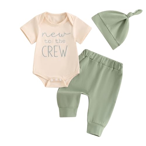 Ursobutegl Newborn Baby Boy Girl Clothes New To The Crew Printed Romper Pants Set with Hat Coming Home Hospital Outfits (Green, Newborn)