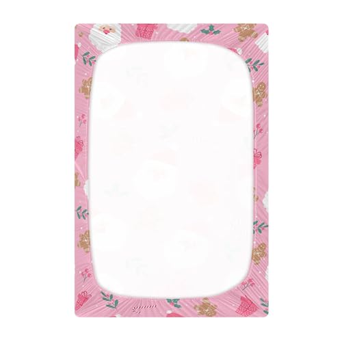 Image of Christmas Santa Cute Pink Crib Sheets Soft Breathable Fitted Baby Crib Sheets Mattress Cover for Girl Boys, 52 inch x 28 inch x 9 inch