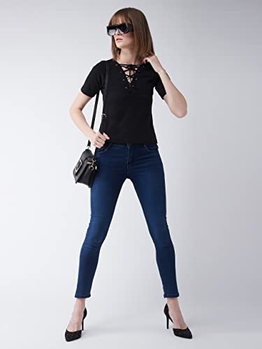 Image of Miss Chase Women's Cotton Slim Fit V Neck Criss-Cross Tie Up Top