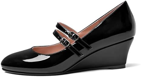 SHOWFOREST Women's Buckle 2 Inch Wedge Patent Uniform Mary Jane Round Toe Adjustable Strap Low Heel Pumps Shoes Black Size 9 - Zapatos de Tacon | Image 1