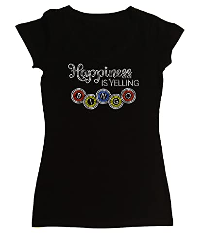 Women's Rhinestone Fitted Tight Snug Shirt Happiness is Yelling Bingo - Bingo Shirt, Bing Night (Black Cap Sleeve, 1X)
