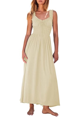 Duigluw Women 2025 Summer Sleeveless Smocked Empire Waist Tank Dress Summer Beach Tiered Long Dresses Sundress