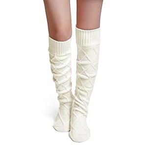 Pcavin Calcetines altos hasta el muslo para mujer, calcetines de punto trenzado por encima de la rodilla, calentadores de piernas largos y cálidos para invierno
