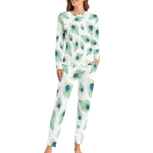 Ensemble de pyjama femme plume de paon avec t-shirt manches longues et pantalon fluide
