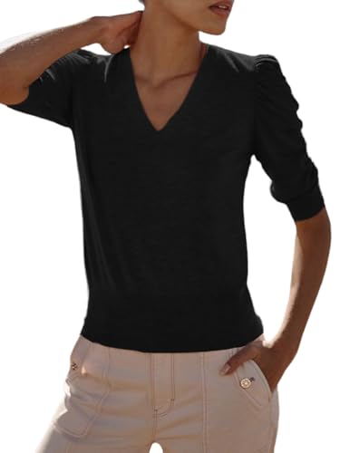 Image of Women's V Neck Puff Sleeve Sweater Pullovers Lightweight Work Ofiice Knitted Tunic Tops